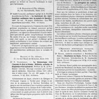 2105 - Page 2098 - Partie Scientifique. L'Actualité scientifique. Les livres. La thérapeutique du nourrisson en clientèle, par P. Nobécourt et Marcel Maillet, Maloine et Cie, éditeurs, Paris (VIe) / Le traitement des manifestations cardiaques dans la maladie de Basedow, par Dr André Lemaire, J. -B. Bailière et Fils, éditeurs, Paris (VIe) / La blennorragie chez l’homme et chez la femme. Méthodes actuelles de diagnostic et de traitement, par Dr P. Barbellion, Maloine et Cie, éditeurs, Paris (VIe) / La pathogénie des œdèmes, par Prof. Pierre Mauriac, Masson et Cie, éditeurs, Paris / Bourbonne-les-Bains, par Dr Ronot, L’Expansion scientifique Française, Paris (VIe)