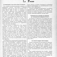 2160 - Page 2153 - Partie Scientifique. L’actualité scientifique. La presse. La température à type inverse dans les néphrites [(Journal des Praticiens, 29 mai 1937)] / Les progrès de la chirurgie endocrinienne [(Bruxelles-Médical, 16 mai 1937)] / Traitement de la névralgie du trijumeau par l’alcoolisation du ganglion de Gasser [(Journal des Praticiens, 1er mai 1937)] / Les tumeurs malignes intra-oculaires [(Le Bulletin Médical, 29 mai 1937)]