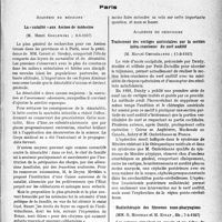2222 - Page 2215 - Partie Scientifique. L'actualité scientifique. Les sociétés savantes. Paris. Académie de médecine. La natalité aux assises de médecine, (8-6-1937) / Académie de chirurgie. Traitement des vertiges auriculaires par la section intra-cranienne du nerf auditif, 17-3-1937) / Radiothérapie des fibromes naso-pharyngiens, (7-4-1937)