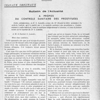 2282 - Page 2275 - Partie Professionnelle, Hygiène, Assistance, Mutualité, Intérêts corporatifs, Variétés. Travaux originaux. Bulletin de l’Actualité. A propos du contrôle sanitaire des prostituées