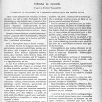 2330 - Page 2323 - Partie Scientifique. Travaux originaux. La clinique au goût du jour. Une cause de mort subite, que l’on méconnaît parfois : l’infarctus du myocarde, d’après le Docteur Trocmé. Cependant, le diagnostic de l'infarctus myocardique est parfois facile