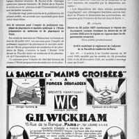 2374 - Page XI-2367 - A travers l’officiel. Vacances de chaires / Avis de concours pour l’emploi de Professeur suppléant de pharmacie et matière médicale à l’Ecole préparatoire de médecine et de pharmacie de Dijon / Loi du 26 juillet 1937, étendant à certains chirurgiens-dentistes sarrois, le bénéfice de l’article 1e de la loi du 26 juillet 1935 / Décret du 29 juillet 1937 coordonnant le régime des Assurances sociales résultant du décret-loi du 28 octobre 1935 avec le régime en vigueur dans les départements recouvrés, (Sera publié prochainement)