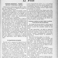 2388 - Page 2381 - Partie Scientifique. L’actualité scientifique. La Presse. Appendicite gangreneuse ; empyème ; septicémie ; streptocoques ; guérison [(Paris Médical, 22 mai 1937)] / Les hyperthermies provoquées [(Le Progrès Médical, 22 mai 1937)] / Traitement moderne des abcès chauds en général et des abcès du sein en particulier [(La Provence Médico-chirurg. mars 1937)]