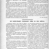 2397 - Page 2390 - Partie Professionnelle, Hygiène, Assistance, Mutualité, Intérêts corporatifs, Variétés. Travaux originaux. Déontologie. détournement de clientèle choix d'un consultant - sage-femme contre médecin / Les sages-femmes voudraient créer un sou médical