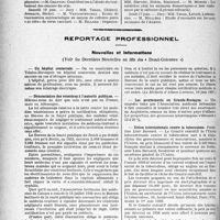2407 - Page 2400 - Partie Professionnelle, Hygiène, Assistance, Mutualité, Intérêts corporatifs, Variétés. Faculté de médecine de Paris. Enseignement et actes de la Faculté / Reportage professionnel. Nouvelles et Informations, (Voir les Dernières Nouvelles en tête des « Demi-Colonnes »). Un hôpital souterrain / Dénonciation des vénériens à l’autorité publique / Les avortements en Grande-Bretagne / Union internationale contre la tuberculose