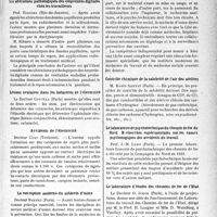 2444 - Page 2437 - Partie Scientifique. L'actualité scientifique. Les Congrès. Journées internationales de pathologie et d’organisation du travail, (Paris, 1-6 juin 1937). Communications. La question du plomb tétra-éthyle / Les altérations pathologiques des empreintes digitales chez les travailleurs / Lésions oculaires dans les industries de l’électricité / Accidents de l’électricité / La conception moderne du médecin d’usine / Contrôle chimique de la salubrité de l’air des ateliers / Le laboratoire de psychotechnique du chemin de fer du Nord. Recherches expérimentales sur les causes psychologiques des accidents du travail / Le laboratoire d’études des chemins de fer de l’État