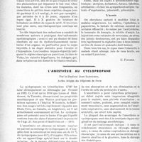 2661 - Page 2654 - Partie scientifique. Travaux Originaux. Ce que pratiquement le médecin doit savoir…. du traitement de la migraine ophtalmique, d’après le Professeur agrégé G. Renard et le Docteur A. -P. Mekdjian. Pour un traitement rationnel du terrain et de la crise chez les migraineux. Le terrain / L’accès / L'anesthésie au cyclopropane, par le Docteur Jean Sabourin