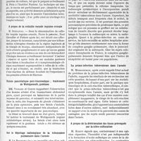 2796 - Page 2787 - Partie scientifique. L'Actualité scientifique. Les Sociétés Savantes. Paris. Société de médecine militaire Française, Séance du 8 avril 1937. Sur le vaccin jennerien de culture / A propos de la cellulite torpïde inguino-crurale / Fistule pancréatique poste-traumatique ; traitement de Wohlgemuth, guérison / Sur le dépistage radiologique de la tuberculose pulmonaire dans l’armée / La primo-infection tuberculeuse dans l’armée / A propos de la détérioration des tissus provoqués par la nitro-sulfuration