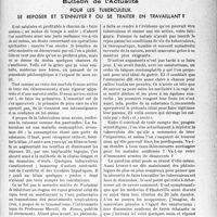 2800 - Page 2791 - Partie professionnelle, Hygiène, Assistance, Mutualité, Intérêts corporatifs, Variétés. Bulletin de l'Actualité. Pour les tuberculeux se reposer et s’ennuyer ? Ou se traiter en travaillant ?