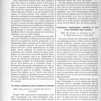 2921 - Page 2912 - Partie scientifique. L'actualité scientifique. Les Sociétés Savantes. Paris. Société médicale des hôpitaux de Paris. Caverne pulmonaire ou kyste chez une syphilitique, (23-4-1937) / Les kystes congénitaux isolés et suppurés du poumon, (16-4-1937) / Groupement symptomatique inhabituel au cours d’une encéphalite aiguë primitive, (23-4-1937)