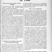2978 - Page 2969 - Partie scientifique. L'actualité scientifique. La Presse. Diabète insipide, touches nasales, et poudre d’hypophyse [(Lyon Médical, 13 juin 1937)] / Le traitement de l’hypertrophie de la prostate par doses massives de folliculine [(Paris Médical, 12 juin 1937)] / Arrêt de crises migraineuses [(Paris Médical, 27 février 1937)] / Le dépistage précoce de la déficience myocardique [(Le Scalpel 12 juin 1937)] / De l’emploi du radium dans certaines affections des voies urinaires [(Le Progrès Médical, 12 juin 1937)]