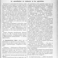 2994 - Page 2985 - Partie professionnelle, Hygiène, Assistance, Mutualité, Intérêts corporatifs, Variétés. Bulletin de l’Actualité. La médecine professionnelle et sociale à l’étranger, par le Docteur Fernand Decourt. La spécialisation en médecine et les spécialistes