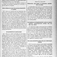 3048 - Page 3039 - Partie scientifique. L’actualité scientifique. Les Sociétés Savantes. Paris. Société de médecine de Paris, Séance du 29 mai 1937. Traitement chirurgical du cancer pulmonaire / Études cliniques du cancer du poumon préparatoires à l’exérèse / Les possibilités de la pleuroscopie / Aspects radio graphiques de quelques néoplasies intrathoraciques / Société médico-chirurgicale des hôpitaux libres, Séance du 3 juin, 1937. Emphysème sous-cutané et médiastinal spontané chez un enfant / Les bienfaits de l’hémoprémunition contre la rougeole appliquée systématiquement pendant trois ans dans une crèche / Gros cancer primitif du clitoris chez une vieille femme Ablation / Nouveau cas mortel d’ictère grave familial du nouveau-né