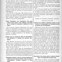 3049 - Page 3040 - Partie scientifique. L’actualité scientifique. Les Sociétés Savantes. Paris. Société médico-chirurgicale des hôpitaux libres, Séance du 3 juin, 1937. Nouveau cas mortel d’ictère grave familial du nouveau-né / Étude radiologique avec insufflation d’un angle colique droit suspect d’être déformé. Possibilité par ce procédé de démontrer l’intégrité de cette région / Eczéma vrai du nourrisson. Essai de désensibilisation. Efficacité en fonction des poussées thermiques / Encéphalite infantile à type de névraxite épidémique traitée par deux abcès de fixation, le bleu de trypan, l’électropyrexie. Accidents comateux et issue fatale / Société de médecine militaire Française, Séance du 17 juin 1937. Influence des matières organiques azotées, en particulier de l’ammoniaque, sur l’épuration des eaux de boisson par la javellisation / Observation d’une ataxie aiguë à rechutes survenue après un rhumatisme articulaire aigu
