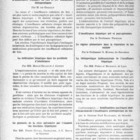 3053 - Page 3044 - Partie scientifique. L’actualité scientifique. Les Congrès. Congrès international de l'insuffisance hépatique, (Vichy – septembre 1937). Les insuffisances circulatoires du foie, par MM. Villaret, Justin-Besançon, Cachera et R. Fauvert / L’insuffisance cellulaire du foie et ses indications thérapeutiques, par M. de Grailly / La médication hépatique dans les accidents d’intolérance, par MM. Marcel Brulé et J. Cottet / Le pronostic de la crise opératoire par l’examen des fonctions hépatiques, par MM. Pierre Duval, Gatellier, J. -C. Roux et Goiffon / L’insuffisance hépatique pré et poste-opératoire / Le régime alimentaire dans la répartition du foie malade / La thérapeutique hydrominérale de l’insuffisance hépatique, par MM. Piéry et Milhaud / Modifications psychiques observées au cours de l’insuffisance protéopexique du foie, par le Docteur Paul Blanchet