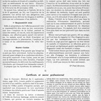 3060 - Page 3051 - Partie professionnelle, Hygiène, Assistance, Mutualité, Intérêts corporatifs, Variétés. Travaux originaux. Bulletin de l’Actualité. Assurances sociales. Délivrance de médicaments sans ordonnance médicale / Certificats et secret professionnel