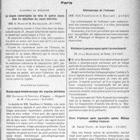 3110 - Page 3117 - Partie scientifique. L’actualité scientifique. Les Sociétés Savantes. Paris. Académie de médecine. La longue conservation du virus de typhus murin dans les déjections des puces infectées, (27-7-1937) / Académie de chirurgie. Myosite aiguë streptococcique des muscles pectoraux, (23-6-1937) / Schwannome de l’estomac, (2-6-1937) / Péritonite à pneumocoques après l’accouchement, (2-6-1937) / Crises d’épilepsie après mastoïdite opérée. œdème cérébral. Guérison, (2-6-1937)