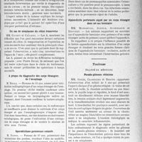 3112 - Page 3119 - Partie scientifique. L’actualité scientifique. Les Sociétés Savantes. Lille. Société médicale et anatomo-clinique. Néoplasme du caecum à forme occlusive / Un cas de néoplasme du côlon transverse / A propos du diagnostic des corps étrangers de l’œsophage / Sporotrichose gommeuse cutanée / Montpellier. Société des sciences médicales et biologiques de Montpellier et du Languedoc; méditerranéen. Quelques cas de pneumopathie saisonnière avec pneumococcémie démontrée / Appendicite perforante aiguë par un corps étranger dans un sac herniaire / Toulouse. Société de médecine. Pseudo-gliomes rétiniens / Plaie pénétrante de poitrine par arme à feu
