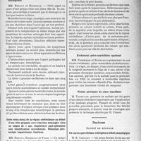 3184 - Page 3191 - Partie scientifique. L'actualité scientifique. Les Sociétés Savantes. Paris. Société d’oto-rhino-laryngolocie de Paris, Séance du 24 juin 1937. Septicémie otitique à streptocoques après opération de mastoïdite grippale. Guérison sans réintervention chirurgicale / Abcès extra-dural de la région cérébelleuse au début d’une otite grippale avec réaction méningée chez un enfant de 5 ans. Septicémie poste-opératoire sans identification microbienne. Métastase péritonéale. Laparotomie. Guérison / Evidement pétro-mastoïdien spontané / Fistule alvéolaire du sinus maxillaire / Toulouse. Société de médecine. Un cas de spirochétose ictérigène à début paraplégique