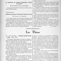 3187 - Page 3194 - Partie scientifique. L'actualité scientifique. Les Congrès. XLVIe Congrès Français de chirurgie. Intervention sanglante et méthodes orthopédiques dans les fractures diaphysaires fermées de jambe; par MM. R. Merle d'Aubigné et J. Creyssel / Le traitement des fractures diaphysaires fermées de la jambe, par M. Robert Danis / Flottement du genou et réfection des ligaments croisés, par Dupuy de Frenelle / Les Thèses. Érythème marginé rhumatismal, par Dr P. Le Gall, 1937 / La vaccinothérapie neurotrope, par Dr J. Frigo Claros, 1937