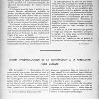 3247 - Page 3252 - Partie scientifique. Travaux originaux. Hygiène générale de la peau, par R. Barthélemy [G. Fischer] / Intérêt épidémiologique de la cuti-réaction a la tuberculine chez l’adulte