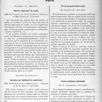 3304 - Page 3307 - Partie scientifique. L’Actualité scientifique. Les Sociétés Savantes. Paris. Académie de médecine. Dérivés organiques du soufre, (5-10-1937) / Académie de chirurgie. Apicolyse par ballonnet de caoutchouc, (30-6-1937) / Un cas de gastrectomie totale, (30-6-1937) / Garrot métallique stérilisable, (16-6-1937)