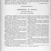 3441 - Page 3458 - Partie scientifique. Travaux originaux. A Propos de la mesure du temps de coagulation. Réponse du Professeur Maurice Perrin (de Nancy) / Aménorrhée et syphilis, Docteur Pierre Chevreul