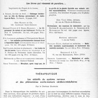 3452 - Page 3469 - Partie scientifique. L'Actualité scientifique. Les Livres. Les livres qui viennent de paraître / Thérapeutique. Les sédatifs du système nerveux et des phénomènes excito-moteurs cérébro-médullaires