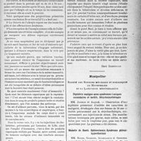 3518 - Page 3535 - Partie Scientifique. L'actualité scientifique. Les Sociétés Savantes. Paris. Société médicale des praticiens. Séance du 19 novembre 1937 / Montpellier. Société des sciences médicales et biologiques de Montpellier et du Languedoc Méditerranéen. Diphtérie maligne avec syndromes toxiques secondaires et tardifs. Strychninothérapie / Maladie de Banti. Splénectomie. Syndrome pâleur-hyperthermie