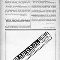 3567 - Page 3584-XIV - A travers l’officiel. Circulaire du 30 novembre 1937 relative au tarif limite de réassurance de l’indemnité forfaitaire en cas de maternité / Circulaire du 8 décembre 1937 relative au relèvement des chiffres limites de rémunération des personnes susceptibles de bénéficier des Assurances sociales