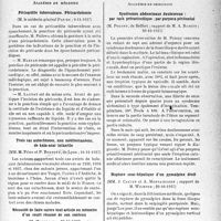 3584 - Page 3601 - Partie Scientifique. L’actualité scientifique. Les Sociétés Savantes. Paris. Académie de médecine. Péricardite tuberculeuse. Péricardotomie, (9-11-1937) / Trois cas autochtones, non méditerranéens, de kala-azar infantile, (16-11-1937) / Nécessité de faire suivre tout article ou mémoire d’un court résumé de son contenu, (26-10-1937) / Académie de chirurgie. Syndromes abdominaux douloureux : par rash prévaricellique ; par purpura péritonéal, (20-10-1937) / Rupture sous-hépatique d’un pyosalpinx droit, (20-10-1937)