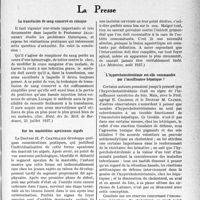 3654 - Page 3671 - Partie Scientifique. L’actualité scientifique. La Presse. La transfusion de sang conservé en clinique [(Gaz. Hebd. des Sc. Méd. de Bordeaux, 25 juillet 1937)] / Sur les mastoïdites apexiennes aiguës [(La Médecine, août 1937)] / L’hypercholestérolémie est-elle commandée par l’insuffisance hépatique ? [(Le Journal Médical Français, août 1937)]