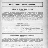 3692 - Page 3075 - Supplément documentaire / Avis à nos lecteurs / Sommaire / L’Inspection médicale d’hygiène. Décret-loi du 30 octobre 1935 portant organisation des inspections départementales d'hygiène