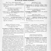 0038 - Page 35 - Partie scientifique. L'actualité scientifique. Les Livres. Les livres qui viennent de paraître… / Les origines de la Presse et l’Imprimerie, par M. André Ravry, Edition du Bulletin officiel des Maîtres imprimeurs de France, Paris / Insufflation tubaire kymographique par la méthode de Rubin, par Louis Bonnet, Gaston Doin et Cie, éditeurs, Paris
