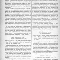 0039 - Page 36 - Partie scientifique. L'actualité scientifique. Les Livres. Insufflation tubaire kymographique par la méthode de Rubin, par Louis Bonnet, Gaston Doin et Cie, éditeurs, Paris / Le profil graphique des individus et des groupes. Normalités et anormalités, Alfredo Niceforo, chez Hermann et Cie, Paris / L’état mental des parkinsoniens. Contribution à son étude expérimentale. Witold Aubrun, J. -B. Baillière et fils / Aide-mémoire de thérapeutique, par Dr Pierre Bouchet, Librairie Le françaisois, Paris, 1937