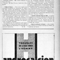 0076 - Page VII-73 - Dernières nouvelles. Académie de chirurgie / Collège de France / Angleterre / Clinique médicale de l’Hôpital Saint-Antoine / Journées médicales belges de 1938 / École de médecine de Nantes