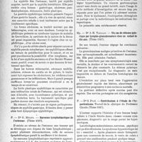 0107 - Page 104 - Partie scientifique. L'actualité scientifique. Les thèses. Contribution à l’étude clinique de la syphilis gastrique, par Dr. J. Juillard (Thèse 1937) / Sarcome lymphoblastique de l’estomac. Dr G. Meltz. (Thèse 1937) / Un cas de sténose pylorique par lympho-granulomatose chez un enfant de dix ans. Dr J. -E. Taillan. (Thèse 1937) / Contribution à l’étude de l’hyperérotisme. Travail de la clinique du Professeur Claude, par Dr G. Pigé (Thèse 1937)