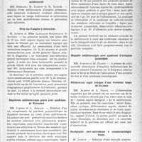0160 - Page 157 - Partie scientifique. L'actualité scientifique. Les Sociétés Savantes. Montpellier. Société des Sciences médicales de Montpellier et du Languedoc Méditerranéen. Érythème morbilliforme généralisé au cours d’une mélitococcie / Deux cas d’angine à monocytes / Polynévrite mélitococcique grave avec syndrome de Korsakow / Mélitococcie à forme viscérale : hépatite, néphrite azotémique, radiculo-névrite des membres inférieurs avec légère participation pyramidale et hyperalbuminose rachidienne / Hépatite mélitococcique avec syndrome d’irritation pyramidale / Mélitococcie aiguë bénigne d’une évolution totale de six jours / Encéphalite post-varicelleuse à symptomatologie fruste