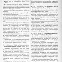 0162 - Page 159 - Partie scientifique. L'actualité scientifique. Les thèses. La résection diaphysaire précoce dans les ostéomyélites aiguës, par Dr A. -Ch. Ragot. (Thèse 1937) / Étude de l’armement anti-tuberculeux dans les Basses Pyrénées, par Dr J. Lorber. (Thèse 1937) / La radiographie dans les tumeurs de la vessie, par Dr J. Gaignerot (Thèse 1937) / L’exploration radiologique de la muqueuse colique, Dr G. Dulac. (Thèse 1937) / Traitement radiothérapique de l'hypertrophie tonsillaire, Dr M. Blin. (Thèse 1936)