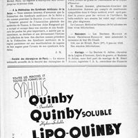 0198 - Page IX-195 - Dernières nouvelles. Dispensaires antituberculeux de la Charente-Inférieure / A la Fédération des Syndicats médicaux de la Seine / Société des chirurgiens de Paris / Légion d’honneur / Naissance / Mariage