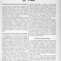 0222 - Page 219 - Partie scientifique. L’actualité scientifique. La Presse. Thérapeutique hormonale des dysfonctions hépatiques [(Revue Médicale de Nancy, 1er novembre 1937)] / Le cancer gastrique à début apparent « post-grippal » [(Le Monde Médical, 1er novembre 1937)] / Les enseignements comparatifs du cholestérol et des sels billaires en pathologie hépatique [(La Presse Médicale, 10 novembre 1937)] / Le tabès sans réaction méningée [(Gaz. Hebd. des Sciences Médicales de Bordeaux, octobre 1937)]
