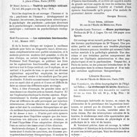 0226 - Page 223 - Partie scientifique. L’actualité scientifique. Les Livres. Traité de psychologie médicale, par Dr Henri Arthus, Sélection médicale et scientifique Les Archives hospitalières, Paris / Les explorations fonctionnelles, par Noël Fiessinger, Masson 1937 / Oeuvre psychiatrique, par Dr Charles-Louis Trepsat, Vigot frères, éditeurs, Paris / La stroboscopie du larynx. Séméiologie stroboscopique des maladies du larynx et de la voix, par Jean Tarnéaud, Librairie Maloine, Paris (VIe)