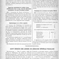 0291 - Page 288 - Partie scientifique. L’actualité scientifique. Les Sociétés Savantes. Alger. Société de médecine, Séance de novembre 1937. Sur un cas de fistule pharyngo-cervicale de nature tuberculeuse / Apparition momentanée de cellules jeunes indifférenciées dans le sang, chez des tuberculeux pulmonaires, au cours d’accidents sériques / Épidémiologie de la fièvre typhoïde / Exaltation de la virulence du bacille d’Eberth / XXVIIe Session des assises de médecine générale français