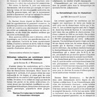 0349 - Page 346 - Partie scientifique. L'actualité scientifique. Les Congrès. Journée internationale du rhumatisme, (Paris, 9 octobre 1937). Résumé des rapports. Premier Rapport : Les médications radioactives dans les affections rhumatismales, par le Docteur Coste / Médications radioactives par curiethérapie interne dans les rhumatismes chroniques, par le Docteur R. -J. Weissenbach / Thorium X et radon dans le traitement des rhumatismes chroniques, par MM. J. Forestier, A. Certonciny, et J. Metzget / La thoriumthérapie dans les rhumatismes, par MM. Duvoir et F. Layani
