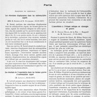 0414 - Page 411 - Partie scientifique. L’actualité scientifique. Les Sociétés Savantes. Paris. Académie de chirurgie. Les résections diaphysaires dans les ostéomyélites aiguës, 10-11-1937 / Les résultats de l’expectative dans les formes graves d’ostéomyélite aiguë, 10-11-1937 / L’anesthésie à l’évipan sodique en chirurgie de guerre, 17-11-1937