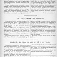 0437 - Page 434 - Partie professionnelle, Hygiène, Assistance, Mutualité, Intérêts corporatifs, Variétés. L’actualité professionnelle. Lettre de Perse. Les débuts de la spécialisation [G. Lavalée] / La disparition du crapaud / Utilisation du soja au lieu de blé et de viande