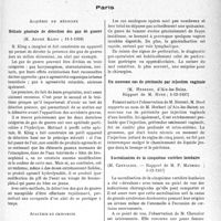 0676 - Page 669 - Partie scientifique. L’actualité scientifique. Les Sociétés Savantes. Paris. Académie de médecine. Méthode générale de détection des gaz de guerre, (11-1-1938) / Académie de chirurgie. Sarcome de l’intestin grêle perforé en péritoine libre, (1-12-1937) / Un nouveau cas de péritonite par injection vaginale, (1-12-1937) / Sacralisation de la cinquième vertèbre lombaire, (8-12-1937)