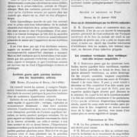 0811 - Page 804 - Partie scientifique. L’actualité scientifique. Les Sociétés Savantes. Paris. Société médicale des 'hôpitaux de Paris. Érythème noueux au cours d’une tuberculose pulmonaire ; hyperallergie, (7-1-1938) / Accidents graves après ponction lombaire chez des hypertendus artériels, (MM. Riser, Planques et Becq ;, (14-1-1938) / Société de médecine de Paris, Séance du 14 janvier 1938. Deux cas de chimiothérapie par les dérivés sulfamidés / Les synostoses vertébrales (blocs vertébraux) sont-elles toujours congénitales ?