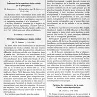 0934 - Page 871 - Partie scientifique. L’actualité scientifique. Les Sociétés Savantes. Paris. Académie de médecine. Traitement de la myasthénie bulbo-spinale par la prostigmine, (15-2-1938) / Académie de chirurgie. Déchirures traumatiques du tendon rotulien, (19-1-1938) / Ostéoporose et ostéolyse, (19-1-1938) / Paralysie des interosseux de la main. Plastie tendino-aponévrotique, (19-1-1938)