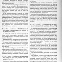 0938 - Page 875 - Partie scientifique. L’actualité scientifique. Les Thèses. Grossesse. Tuberculose. Sels d’or, Dr V. Kapler, (Thèse, 1937) / Contribution à l’étude clinique et thérapeutique de la sclérose du col vésical, Dr J. Lachowiecki, (Thèse 1937) / Recherches sur les variations de la glycémie au cours de la gestation et du postpartum, Dr J. Bahy, (Thèse 1937) / Traitement des coli-bacilloses par l'acide mandélique, Dr L. Capèraa, (Thèses, 1937)